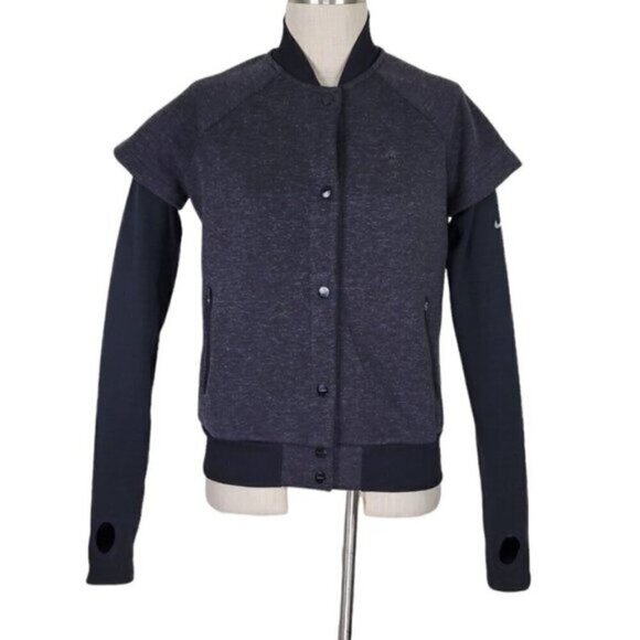 Nike Running Jacket Women Size S Black and Gray Snap Front Zip Pockets Thumbhole - Picture 2 of 14